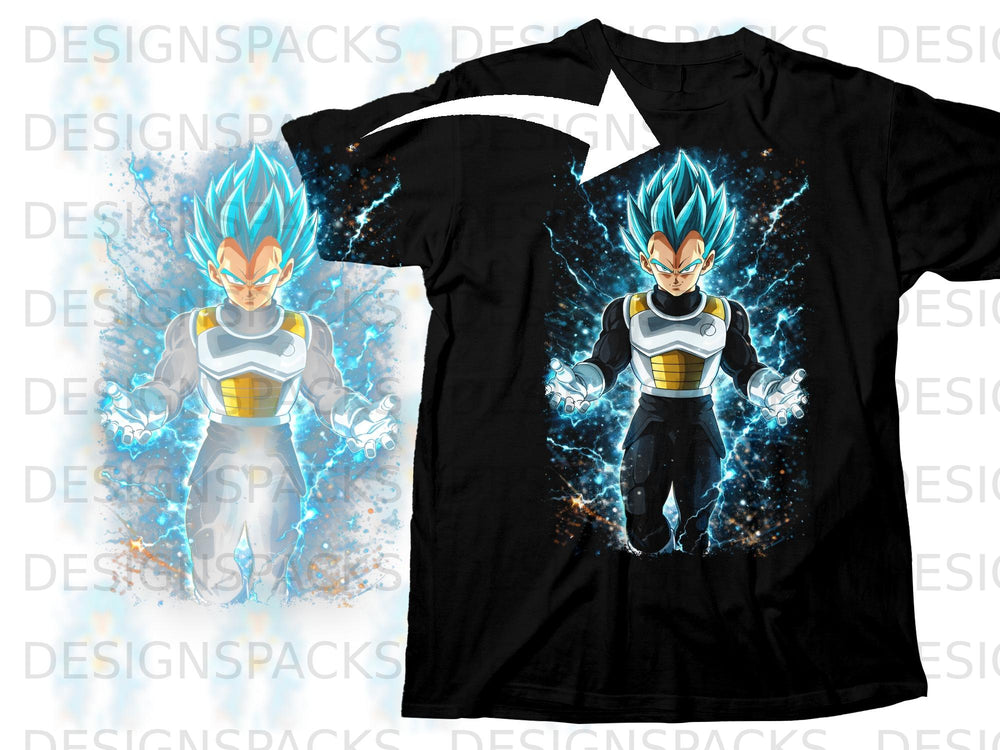 Black t-shirt featuring Dragon Ball Z character Vegeta in Super Saiyan Blue form.