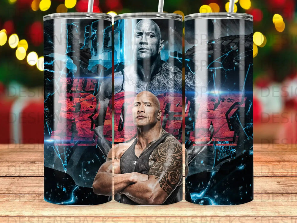 The Rock in a black tank top with arms crossed, standing against a fiery, abstract background.
