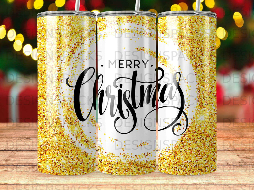 Three tumblers with a glittery gold and "Merry Christmas" text design.