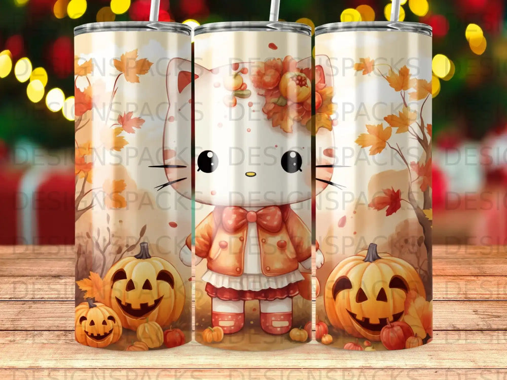 Three tumblers featuring a cartoon cat in a Halloween-themed outfit.