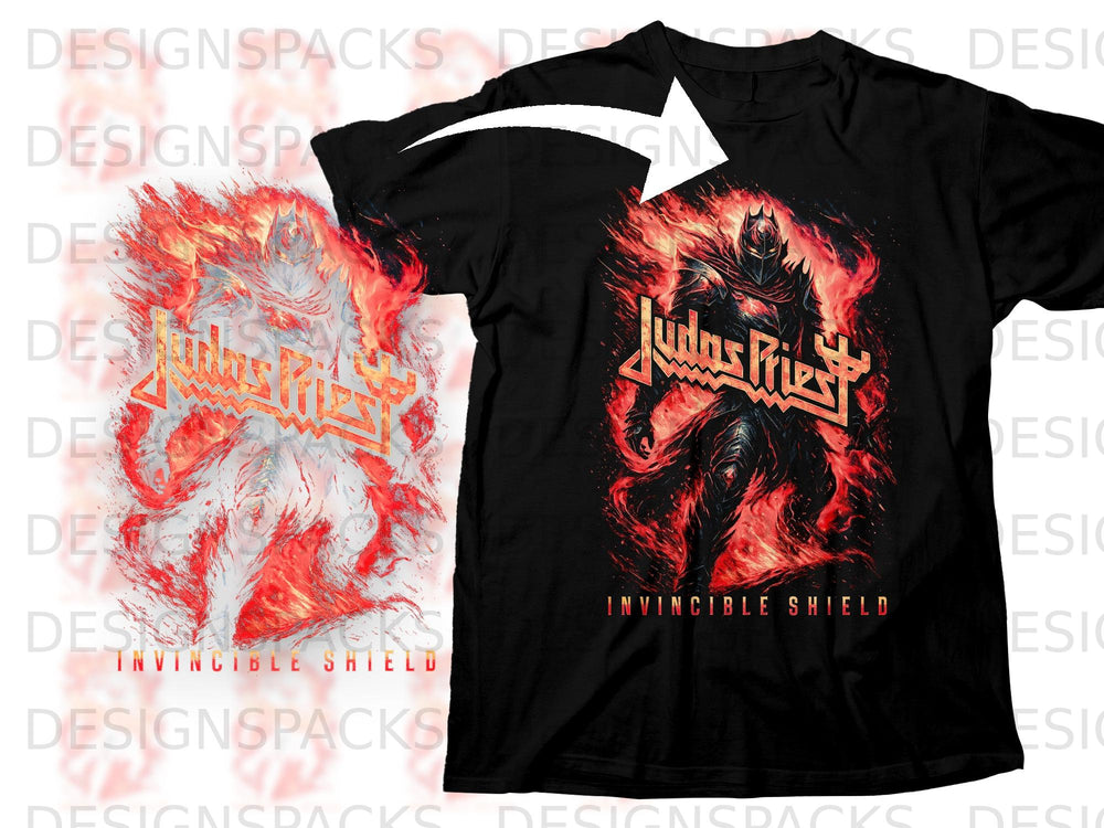 Black t-shirt with Judas Priest "Invincible Shield" graphic featuring a fiery armored figure.