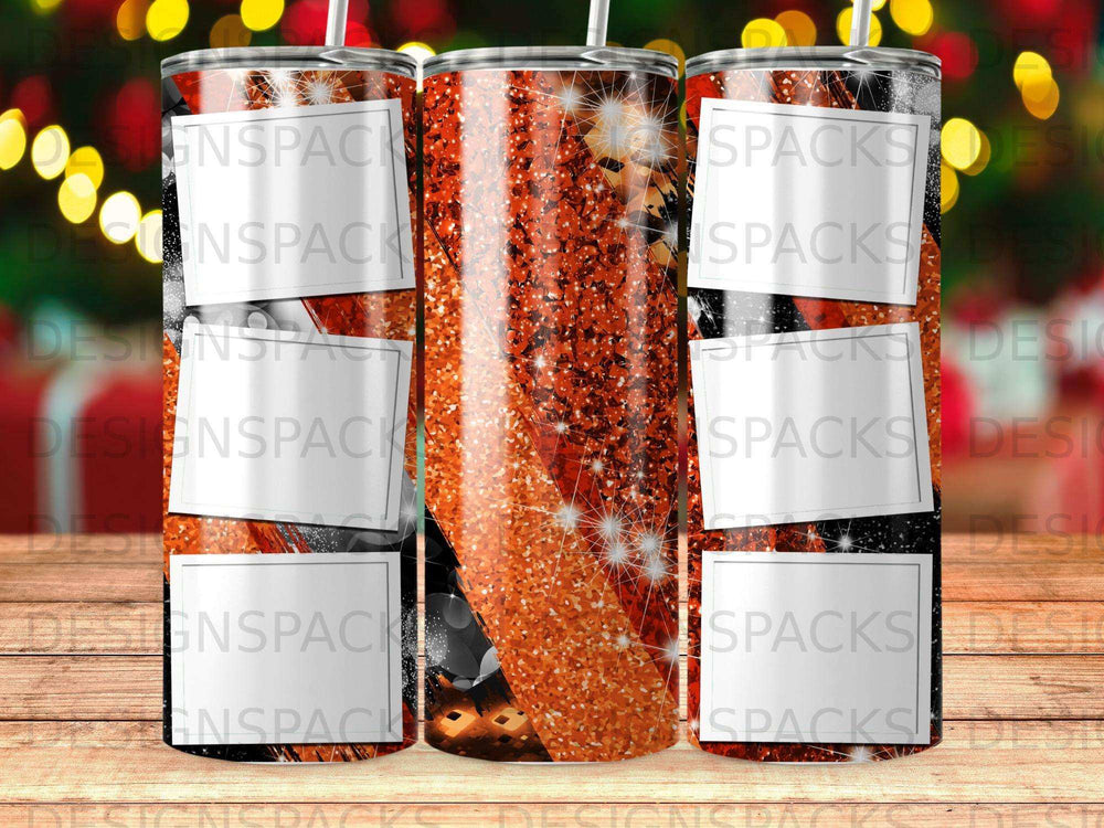 Three tumblers with glitter and holiday designs, some featuring white placeholder boxes.
