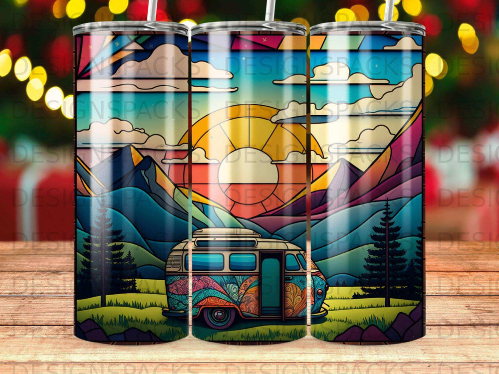 Colorful retro camper van with mountains and sunset scene.