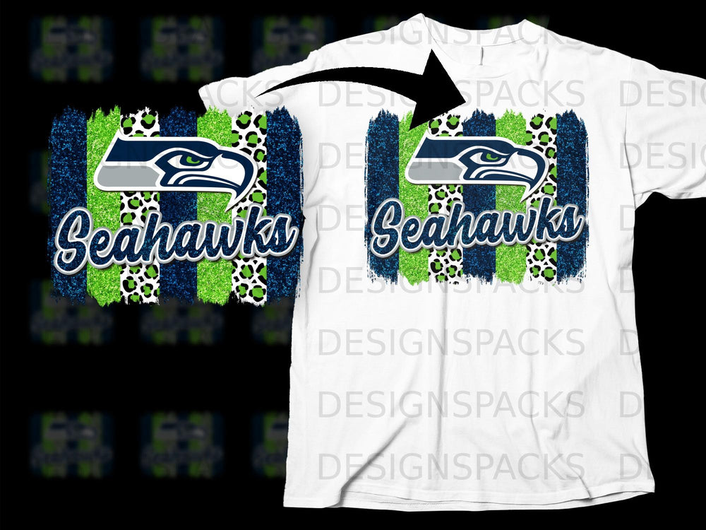 Seattle Seahawks logo and text on a glitter and leopard print background on a white t-shirt.