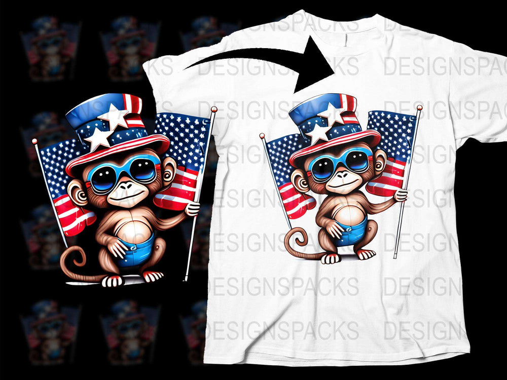 Patriotic Monkey T-Shirt, 4th of July Tee, American Flag, Cute Animal Graphic Shirt for Kids and Adults