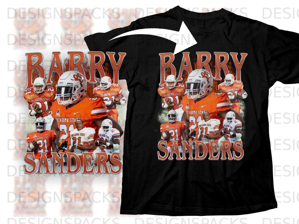 Barry Sanders Oklahoma State football graphic on black t-shirt.