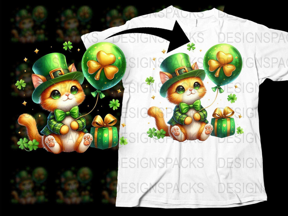 St. Patrick's Day Cat T-Shirt, Cute Kitten with Hat, Green Clovers, Lucky Charms, Irish Festival Apparel