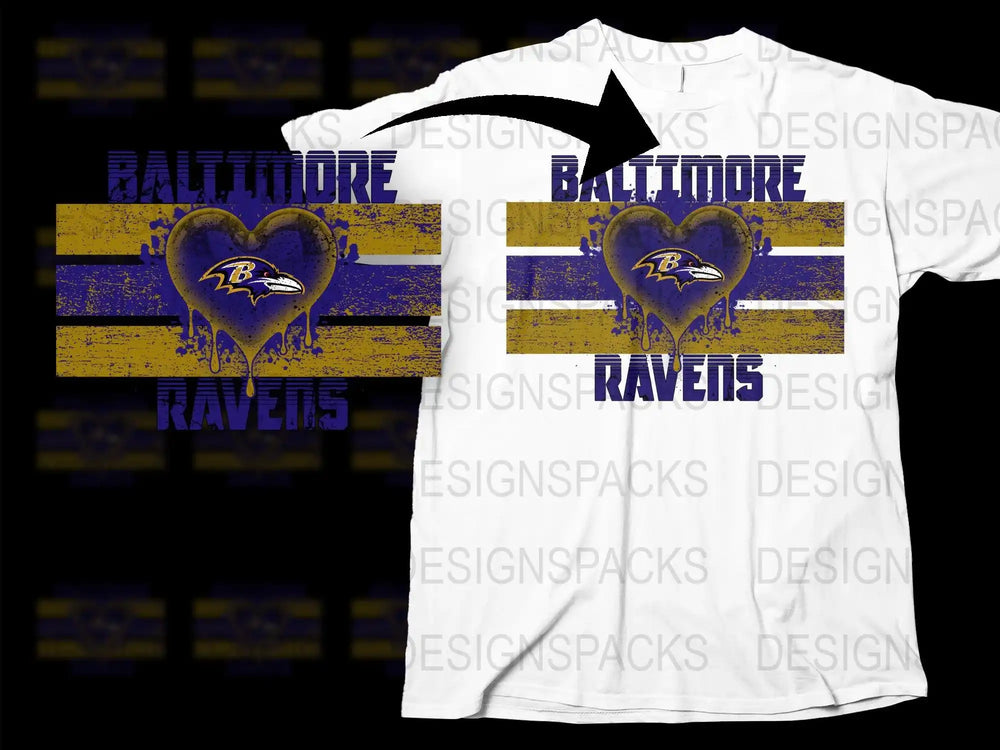 Baltimore Ravens T-Shirt, Heart Logo Design, White Sports Tee, NFL Football Fan Apparel, Purple Yellow Stripes
