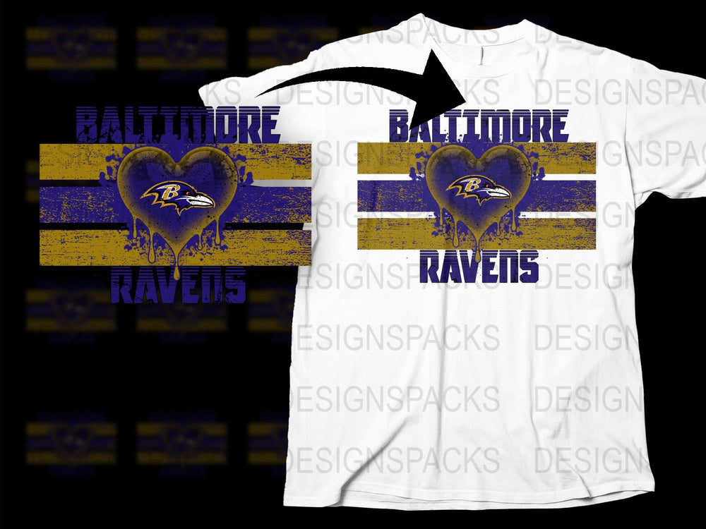 Baltimore Ravens T-Shirt, Heart Logo Design, White Sports Tee, NFL Football Fan Apparel, Purple Yellow Stripes