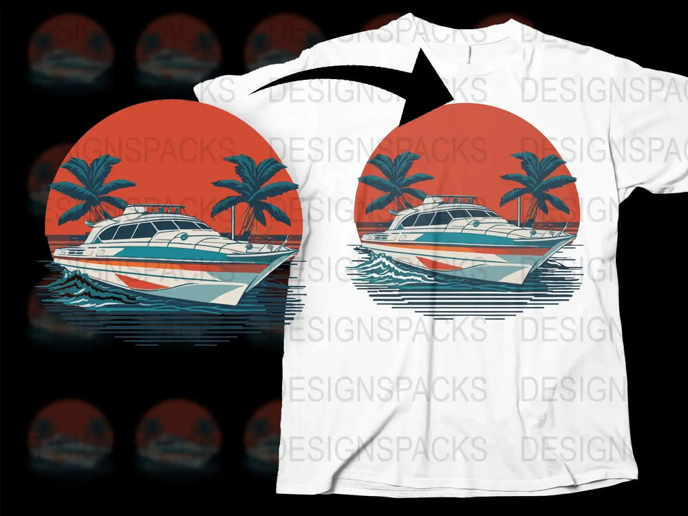 Tropical Boat and Palm Trees Graphic T-Shirt, Summer Beach Sunset Tee, Unisex Casual Wear