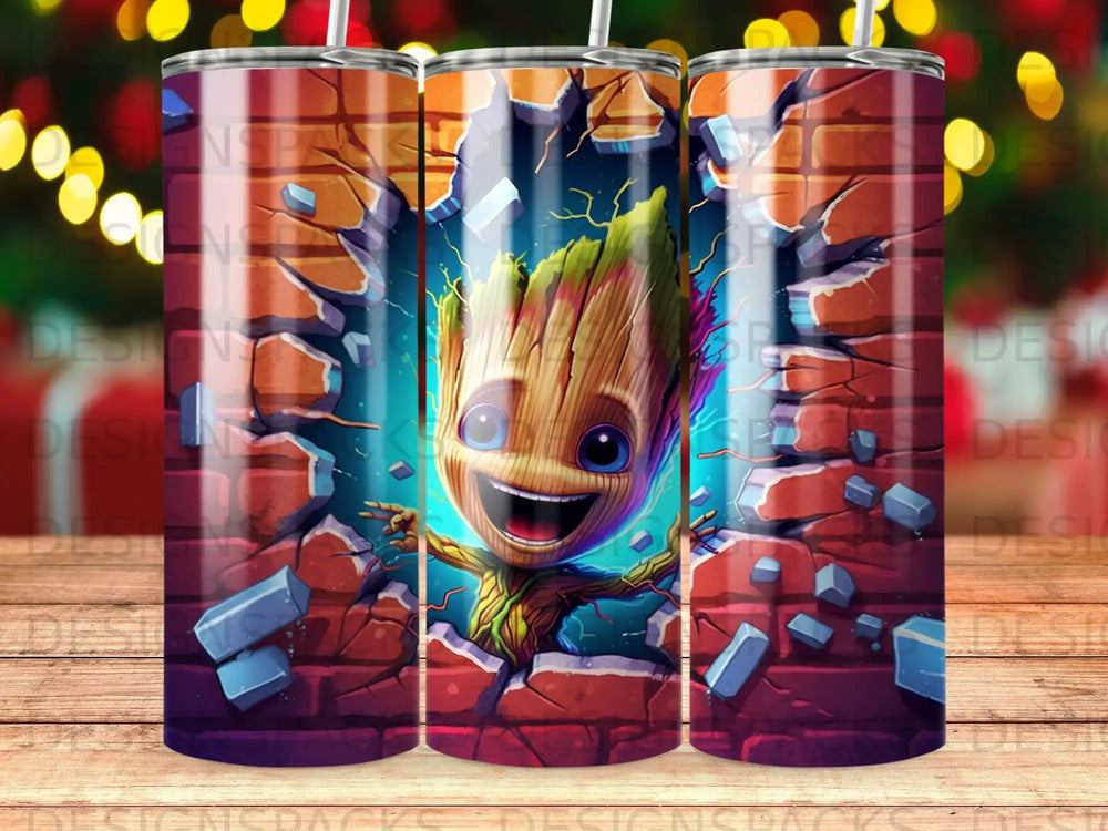 Groot character breaking through a brick wall.