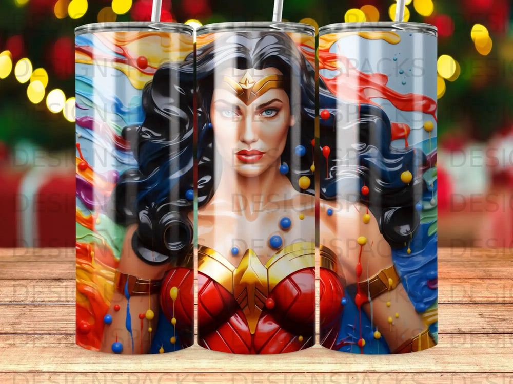 Wonder Woman portrait with colorful, abstract paint splatter background.