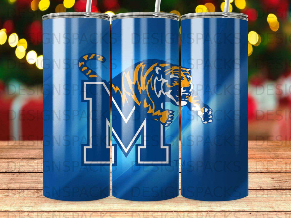 Blue tumbler with tiger and "M" logo, overlayed with "DESIGNSPACKS" text.