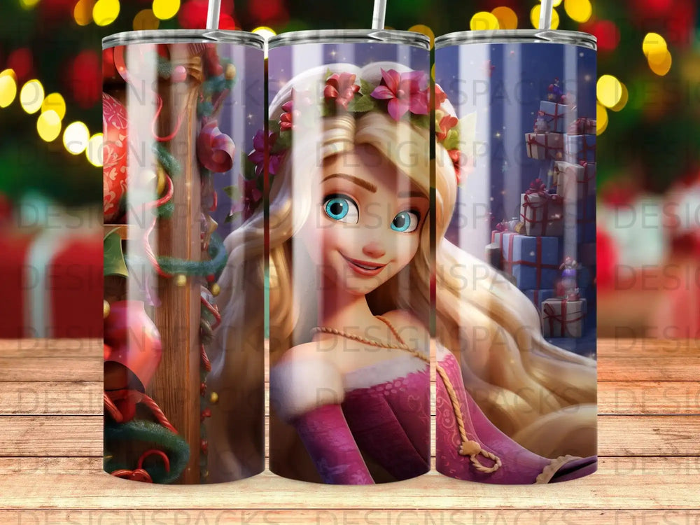 Rapunzel with braided blonde hair wearing a pink and purple dress.