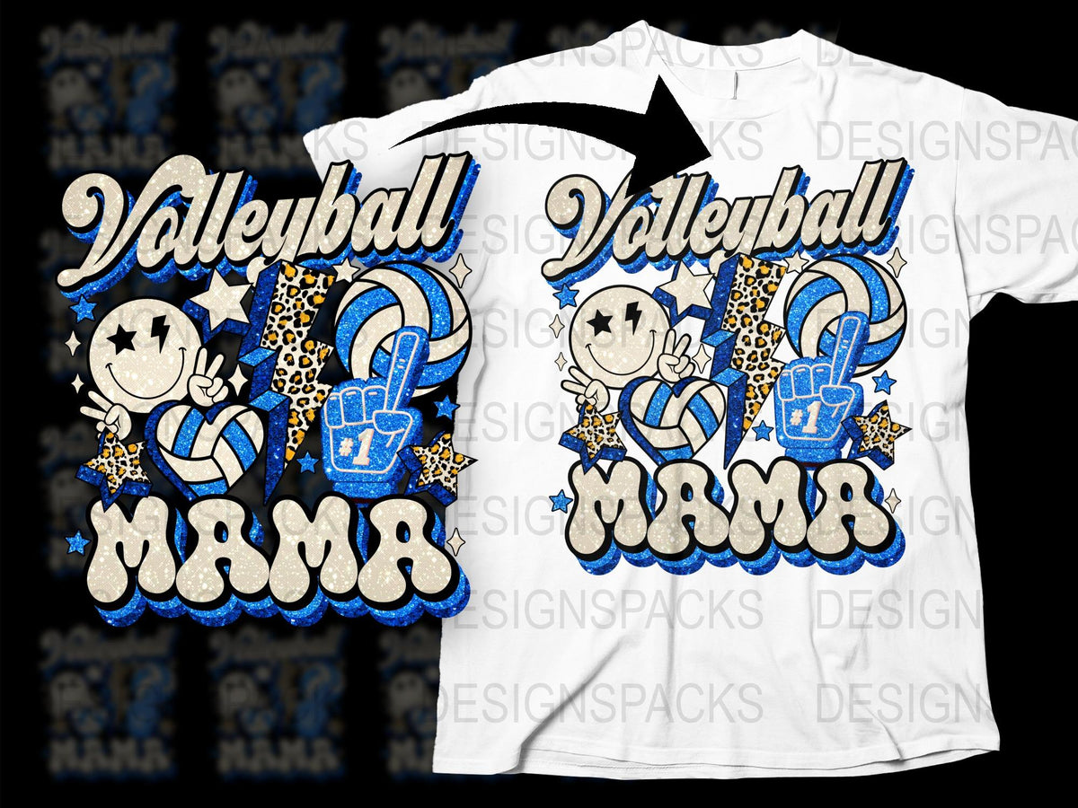 Volleyball Mama T-Shirt, Leopard Print, Sports Mom, Cheerful Graphic Tee, Blue and White Design, Casual Wear