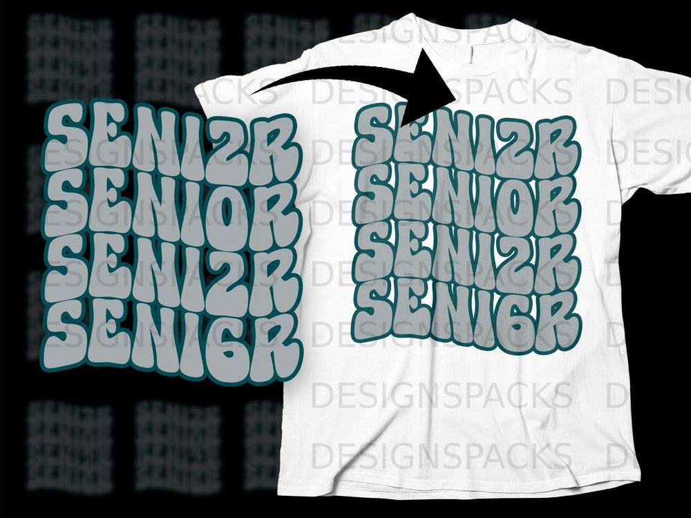 White t-shirt with stacked, retro-style "SENIOR" text graphic.