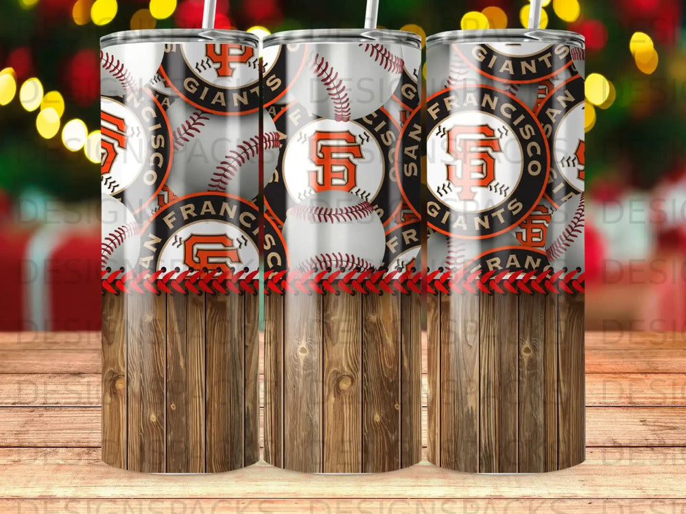 San Francisco Giants logo repeated on a tumbler with wood grain base.