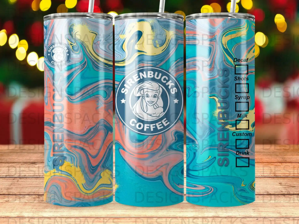 Sirenbucks coffee tumbler with a marbled blue, green, and gold design.