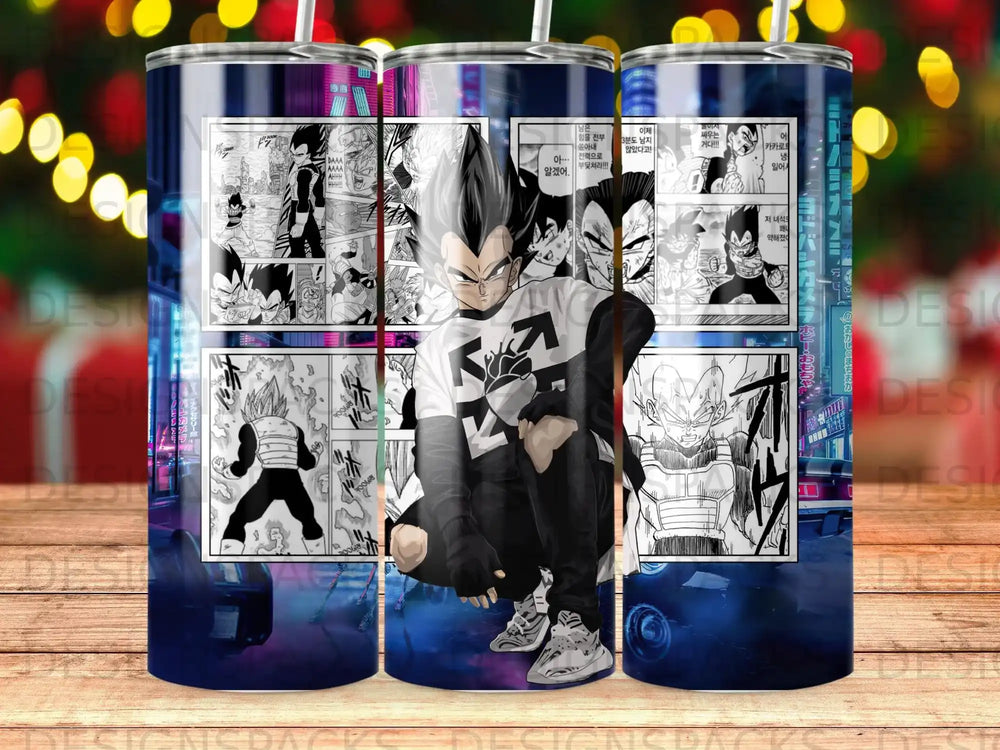 Vegeta from Dragon Ball Z in manga panels on a tumbler, crouched.