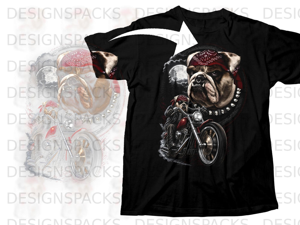Bulldog wearing bandana and collar rides a motorcycle under a full moon.
