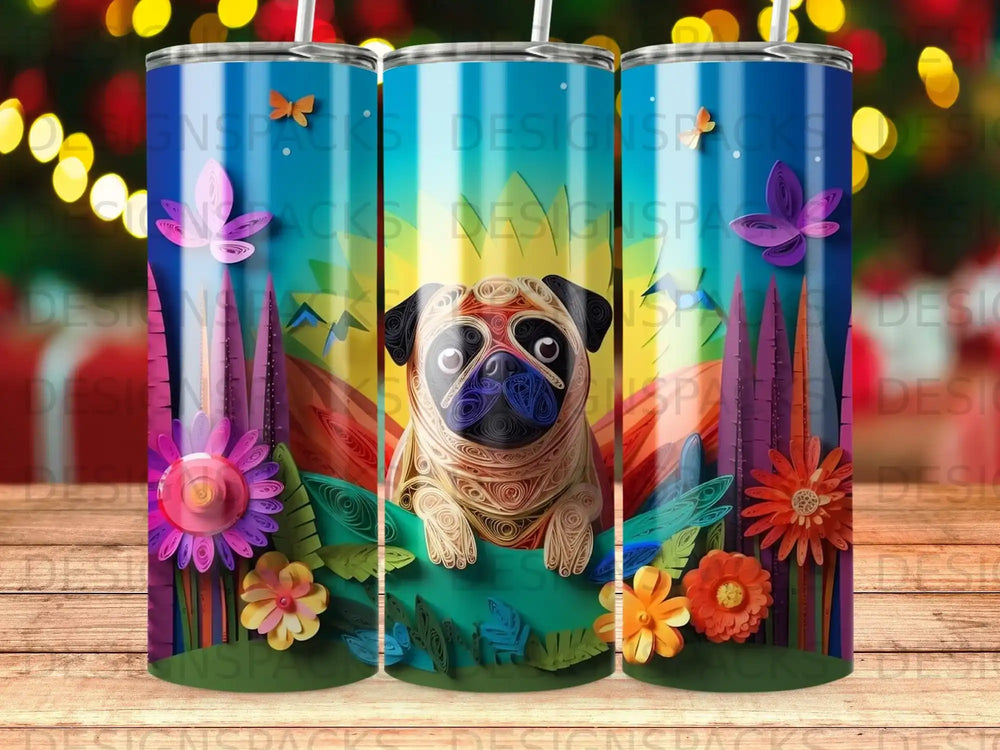 Pug adorned with colorful quilled paper flowers and butterflies.