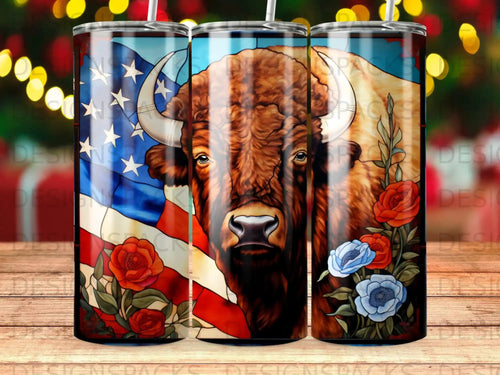 Bison and American flag with patriotic roses, on a tumbler.
