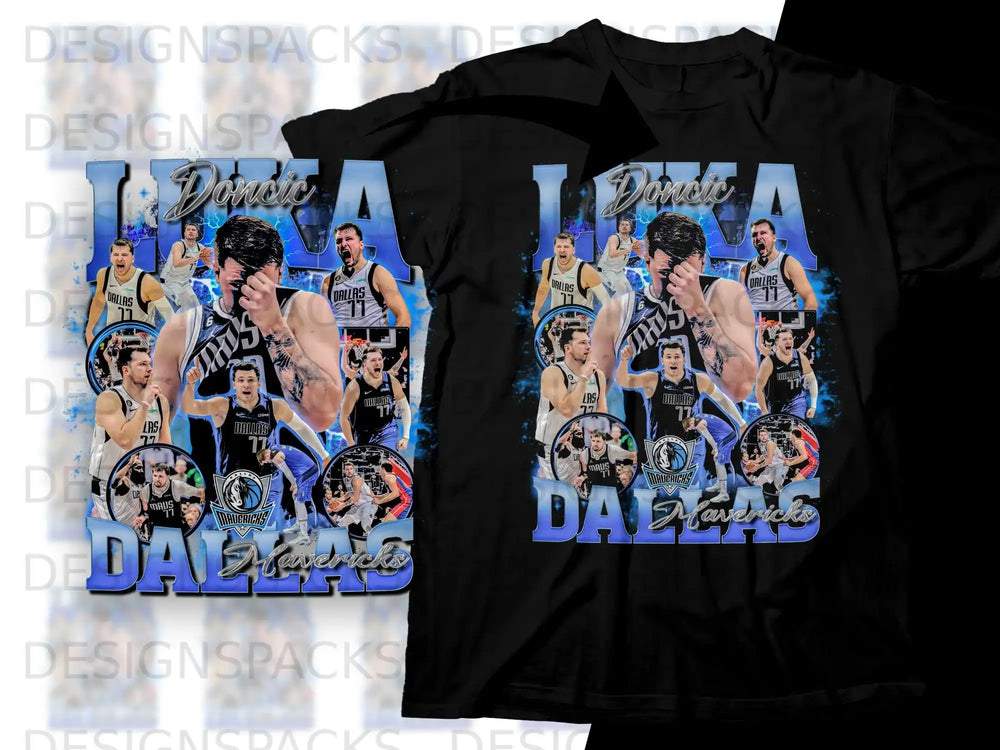 Luka Dončić Dallas Mavericks graphic tee with collage of player images and text.