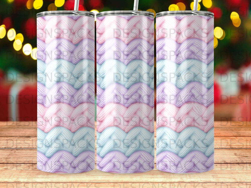 Three tumblers with a knitted pastel fabric pattern.