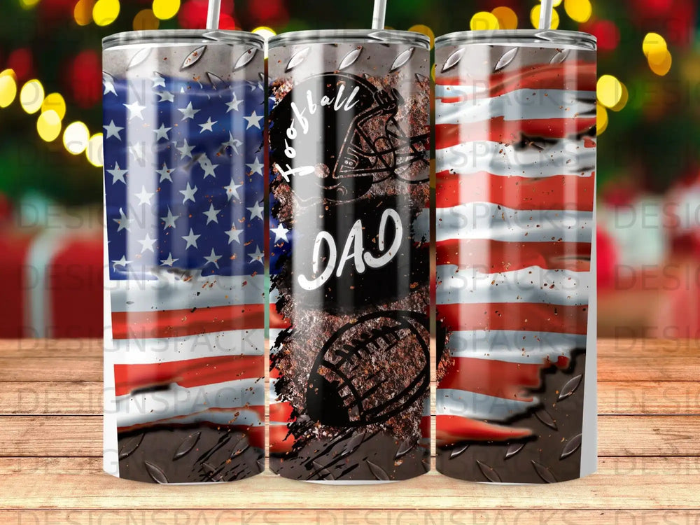 USA flag and football themed tumbler with "Dad" text.