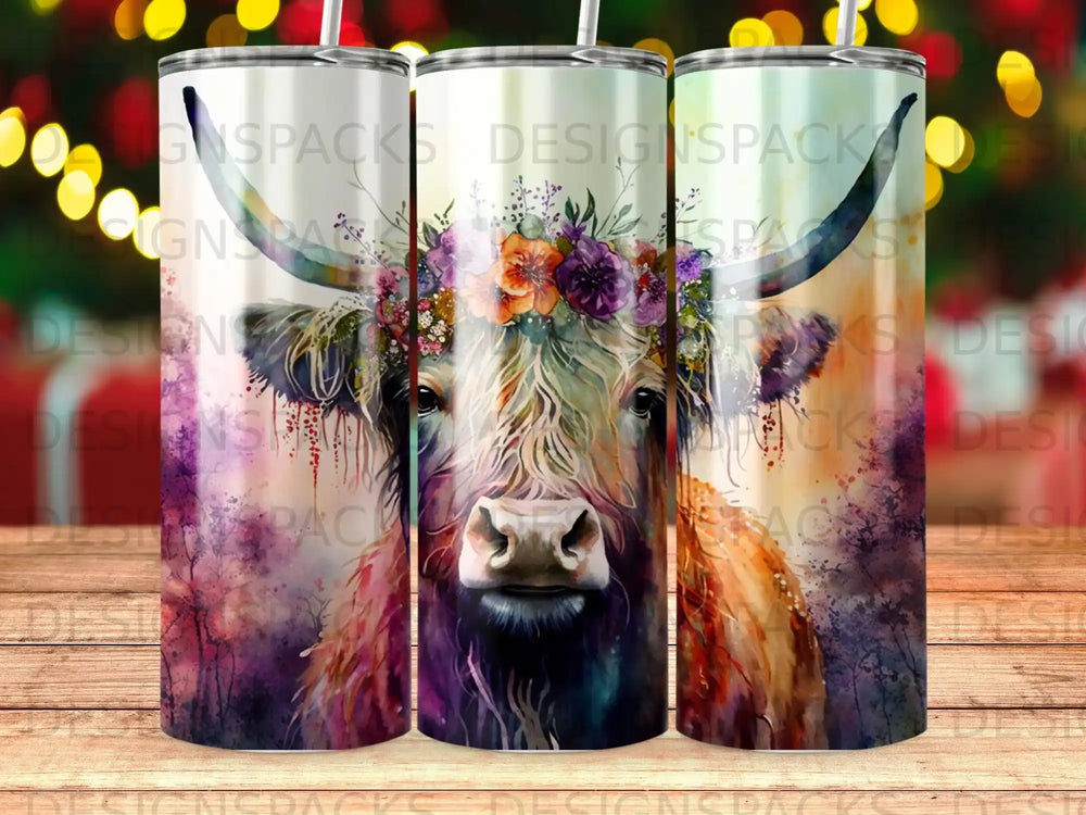 Highland cow with floral crown, watercolor style.