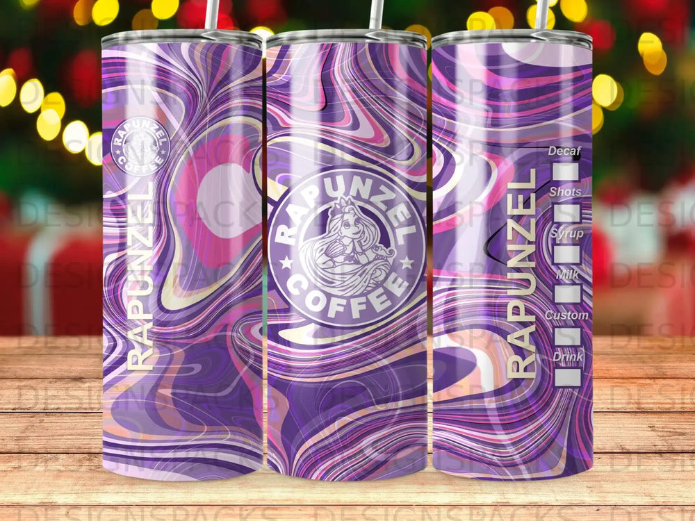 Rapunzel Coffee tumbler with purple, pink, and yellow swirls and text.