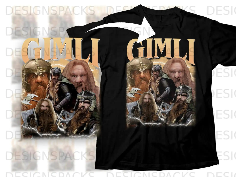 Gimli from Lord of the Rings on a black t-shirt.