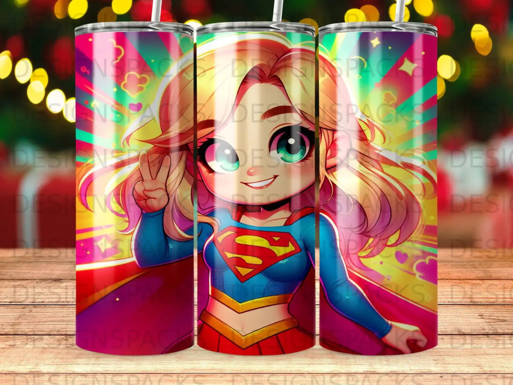 Supergirl character in superhero costume holding peace sign, vibrant background.