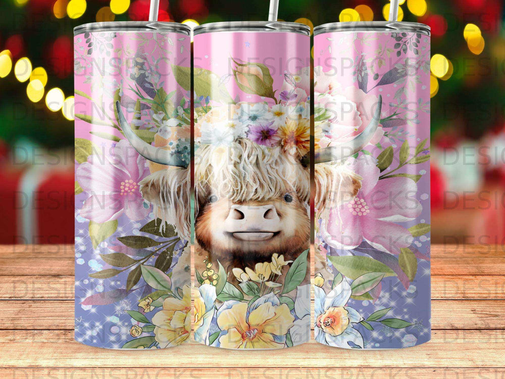 Highland cow with floral crown and pastel background.