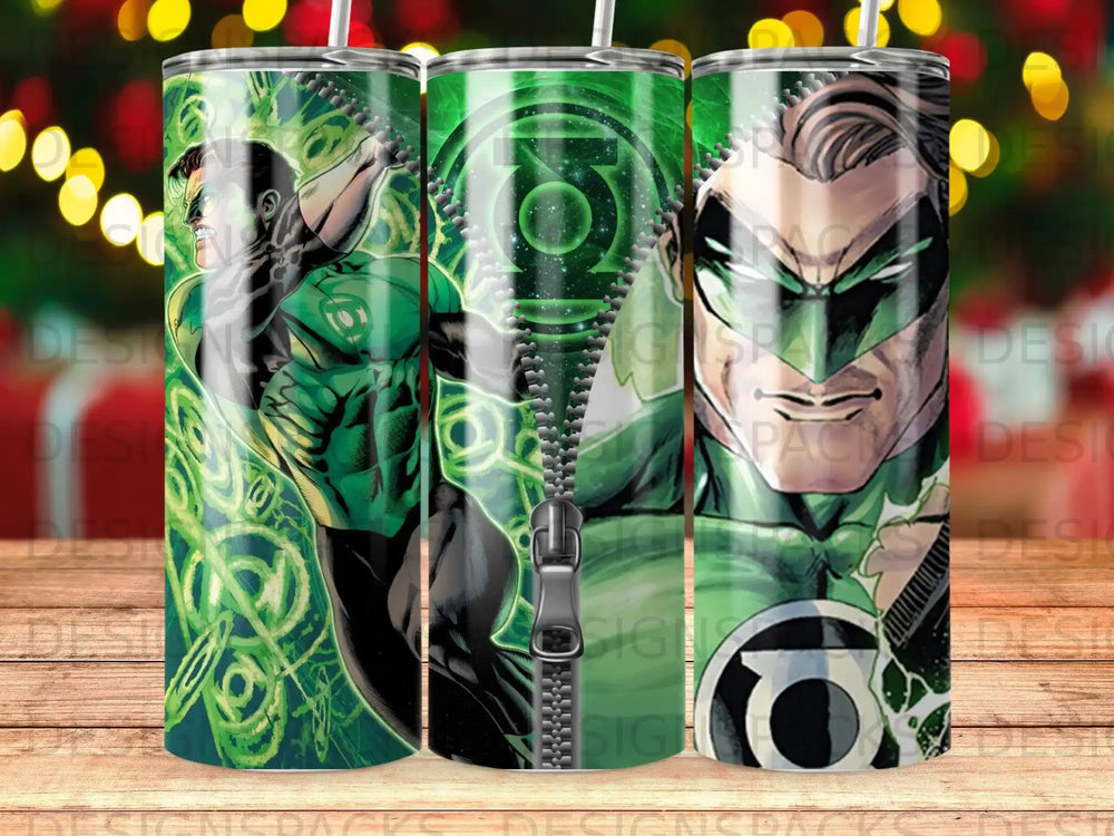 Green Lantern character artwork with glowing green energy and symbols on tumblers.