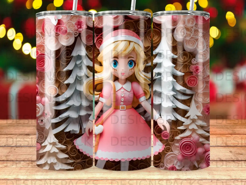 Cartoon girl in pink dress with festive trees and swirling patterns.