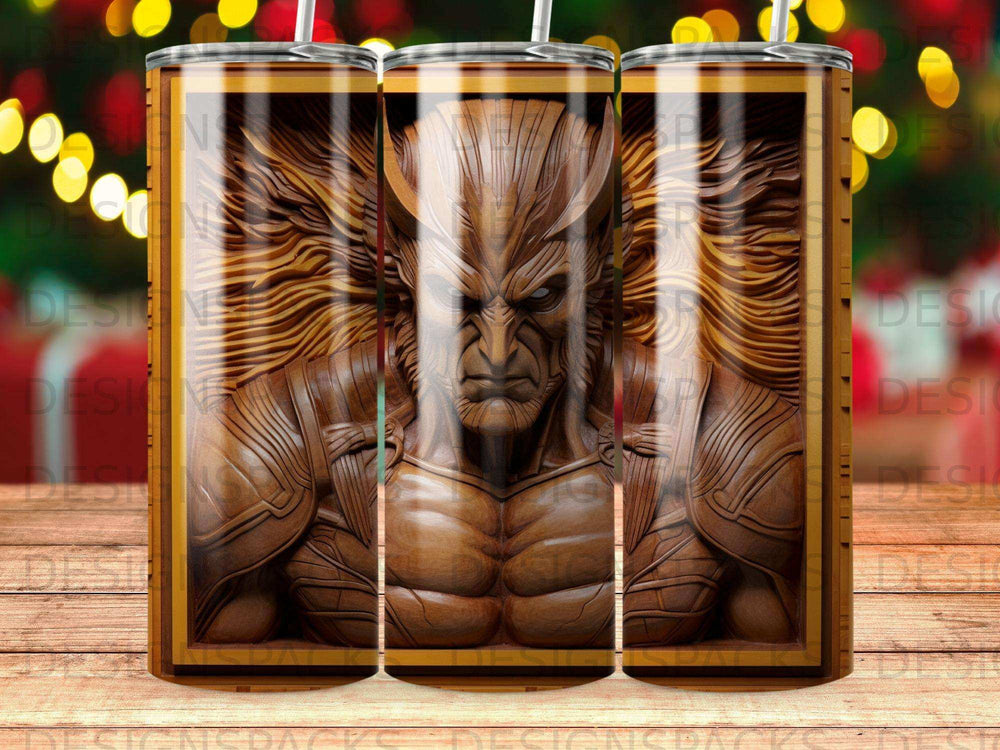 Wood-carved muscular figure with stern expression, centered on tumbler.