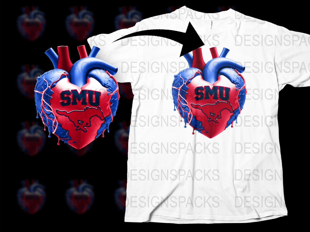SMU Heart Graphic T-Shirt, Bold Red and Blue Anatomical Heart Design, Unisex Fashion Tee, Unique College Apparel