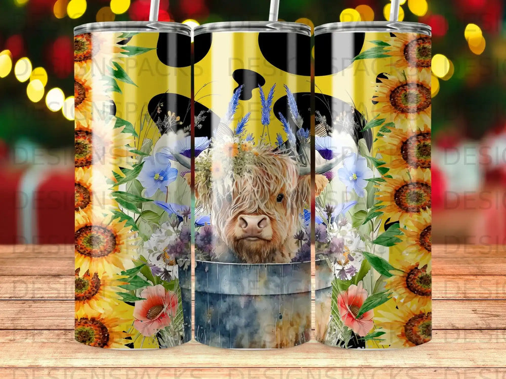 Highland cow with sunflowers and blue flowers in a galvanized bucket.