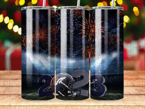 Denver Broncos helmet and fireworks over stadium lights with 