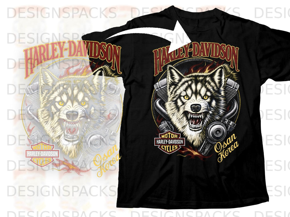 Black t-shirt with a Harley-Davidson logo and a snarling wolf between motorcycle engine parts.