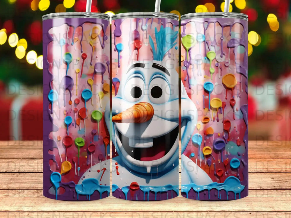 Olaf from Frozen, dripping with colorful candy, on a purple background.