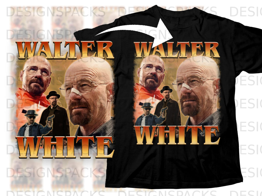 Black t-shirt with "WALTER WHITE" text and images of Bryan Cranston.