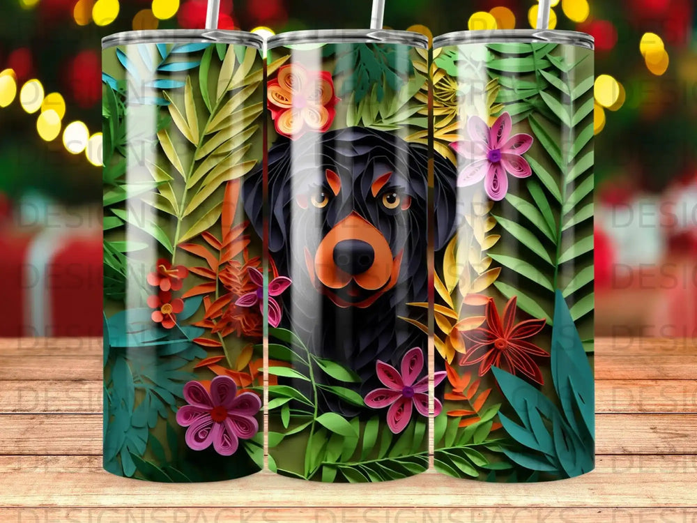 Rottweiler face peeking through colorful papercraft jungle foliage.