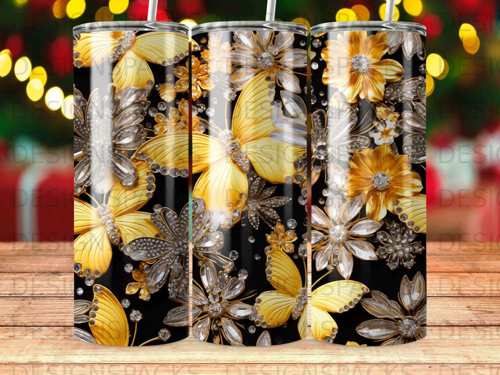Golden butterflies and jewel-toned flowers on a black background.