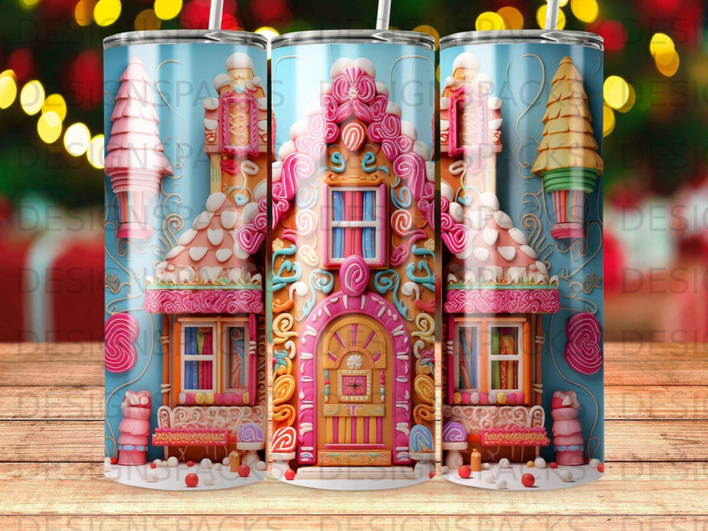 Gingerbread house tumbler with candy decorations on a blue background.