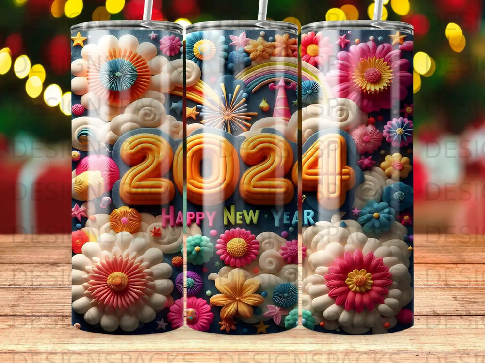 2024 New Year tumbler with colorful floral and cloud designs.