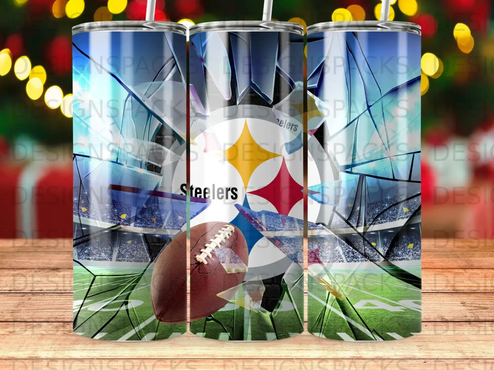 Steelers logo and football on stadium background, abstract shattered glass effect.