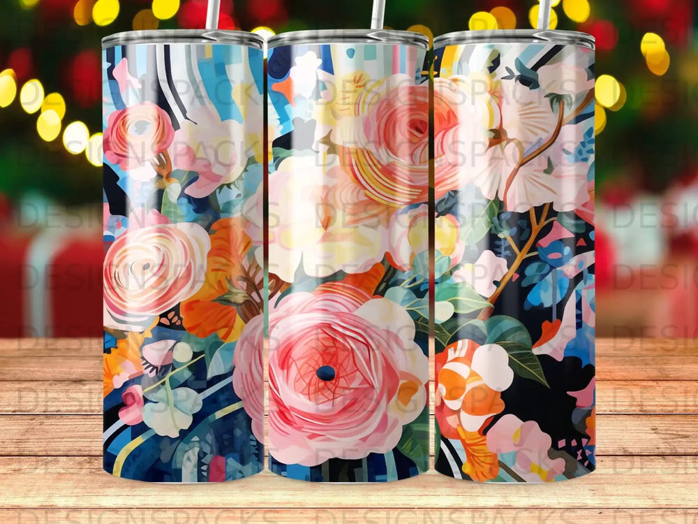 Three tumblers with a vibrant floral pattern featuring pink roses and blue accents.
