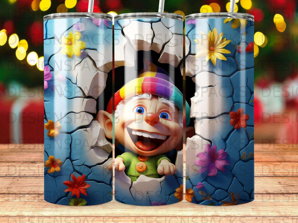 Cheerful cartoon gnome wearing a colorful hat peeks through a cracked wall.